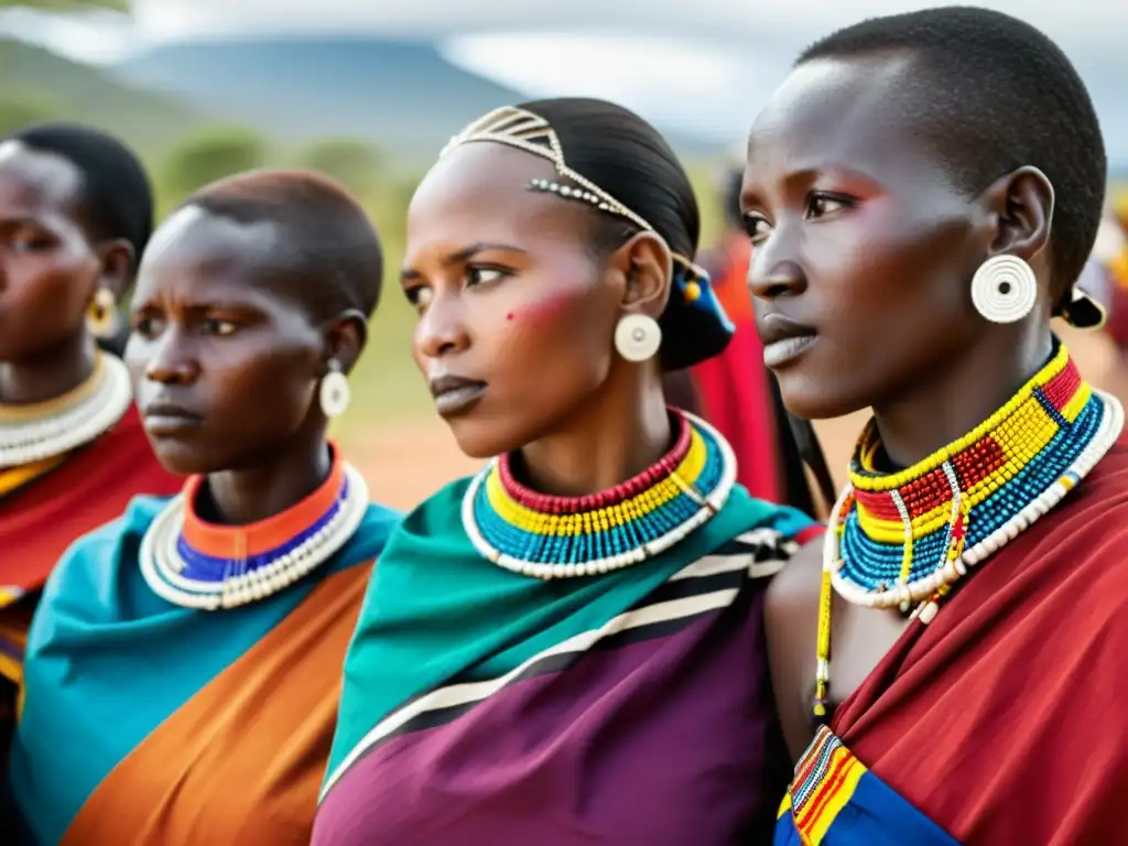 Un grupo de mujeres Maasai en vestimenta y joyería ceremonial culturas, danzando en un ritual tradicional