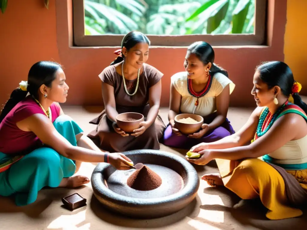 Grupo de mujeres mayas en un ritual de cacao, vistiendo trajes tradicionales coloridos, moliendo cacao en un metate de piedra