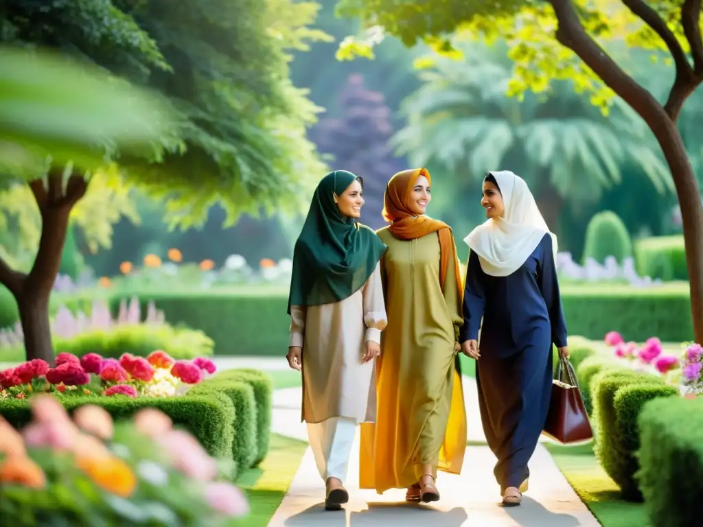 Conversaciones en el jardín: Mujeres musulmanas en atuendos tradicionales Un grupo de mujeres musulmanas con atuendos islámicos elegantes y modestos pasea y conversa en un hermoso jardín