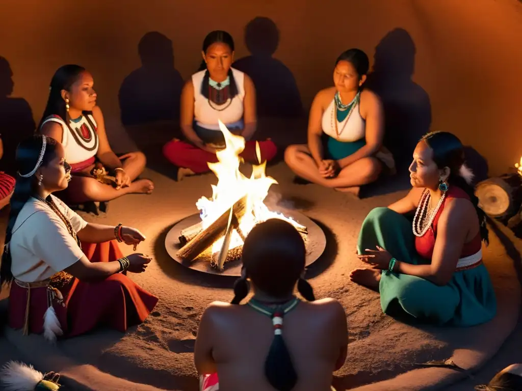 Grupo de mujeres nativas en ritual de fertilidad, sentadas alrededor del fuego en ceremonia solemne y poderosa