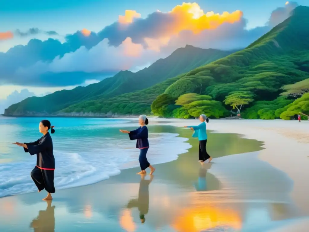 Grupo de mujeres okinawenses practicando tai chi en la playa al amanecer, reflejando la armonía y equilibrio de Okinawa