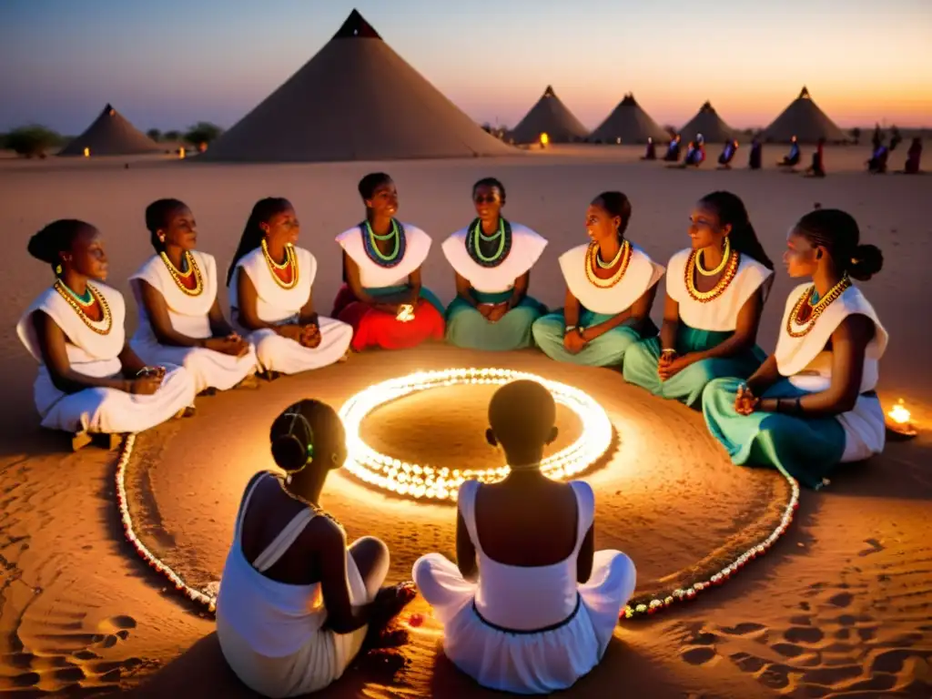 Grupo de mujeres participando en un ritual de La Zar en Sudán, en un ambiente místico con velas y tambores