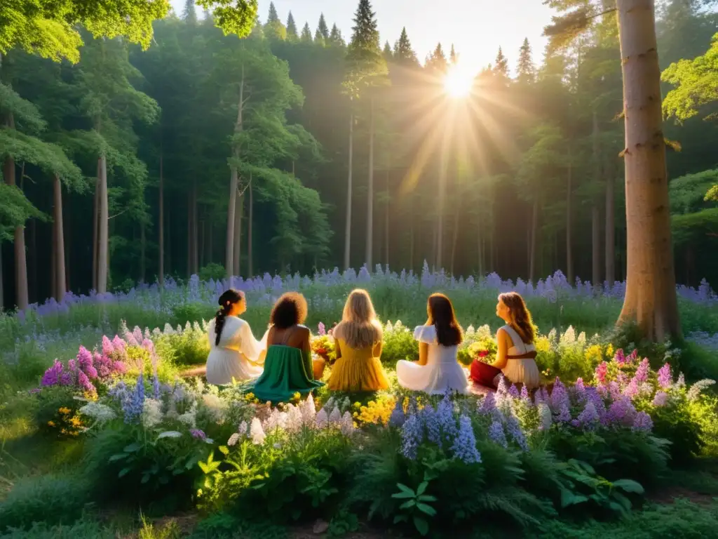 Un grupo de mujeres participa en un ritual de fertilidad en un exuberante bosque, sosteniendo hierbas y flores