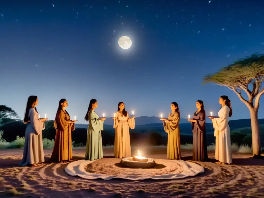 Grupo de mujeres en ritual de la Luna, vestidas con túnicas terrosas, sosteniendo velas bajo la luz lunar