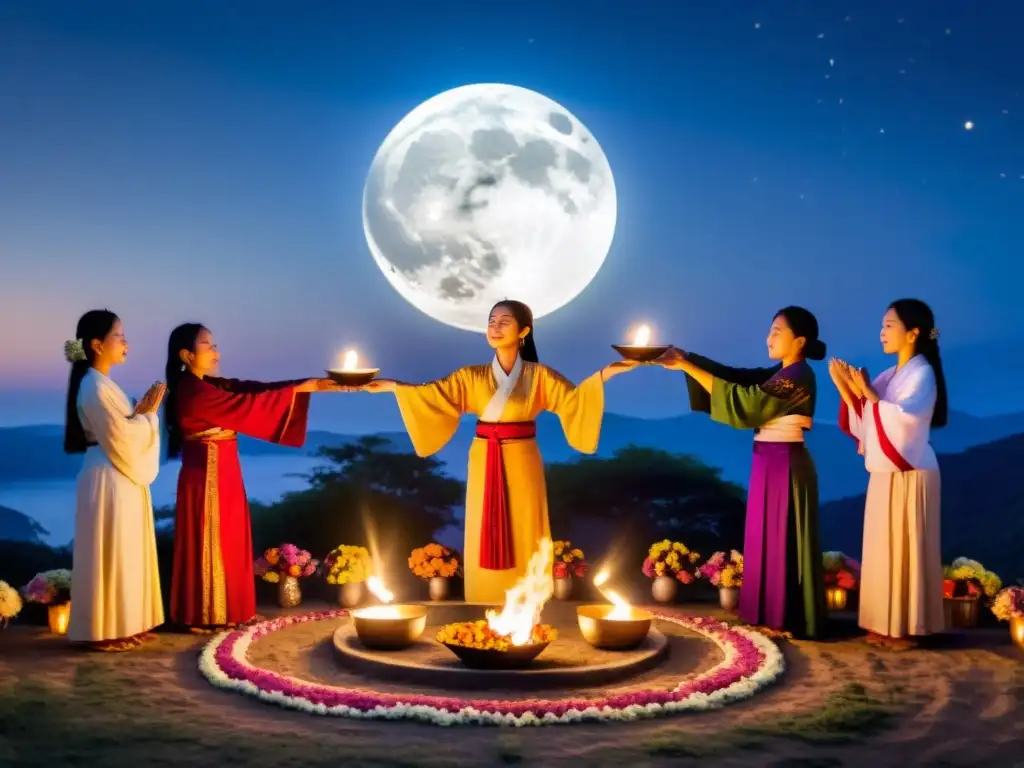 Grupo de mujeres realizando un ritual lunar asiático, rodeadas de velas y flores