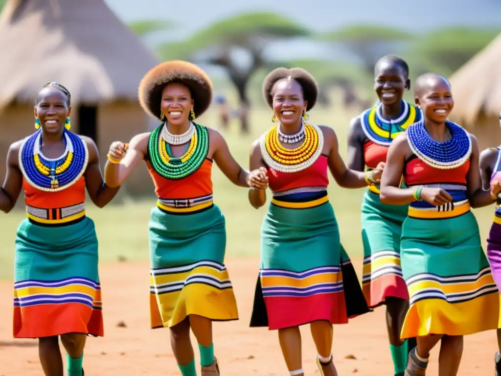 Un grupo de mujeres Ndebele celebra un ritual de matrimonio con danzas y atuendos vibrantes en la sabana africana