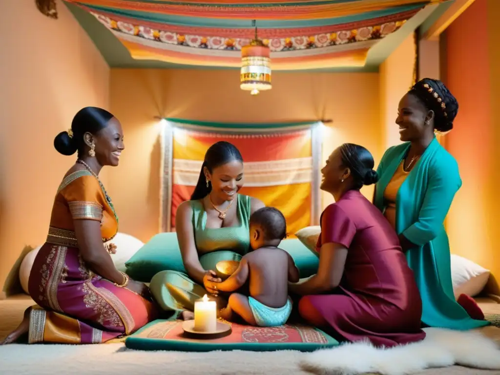 Grupo de mujeres celebrando un ritual de nacimiento en una atmósfera reverente y llena de tradición en Medio Oriente