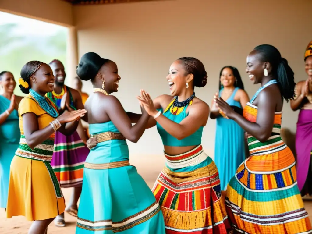 Grupo de mujeres danzando en rituales de bodas africanas, celebración cultural vibrante y colorida en un escenario al aire libre