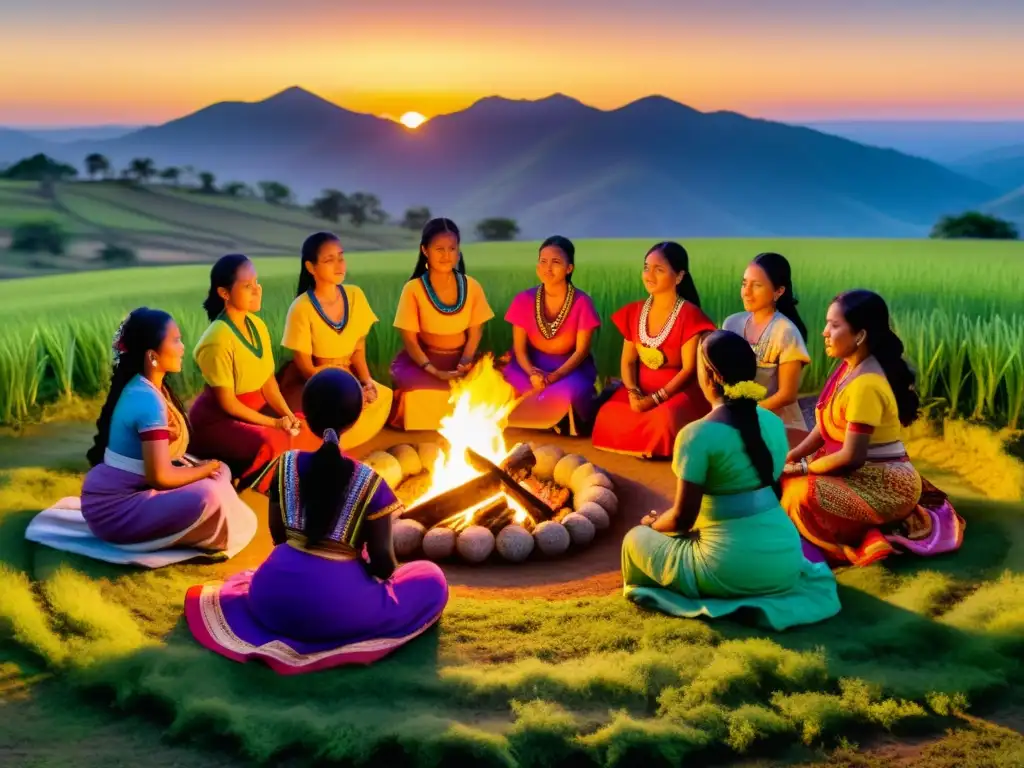 Grupo de mujeres en rituales de fertilidad al atardecer con simbolismo en la naturaleza