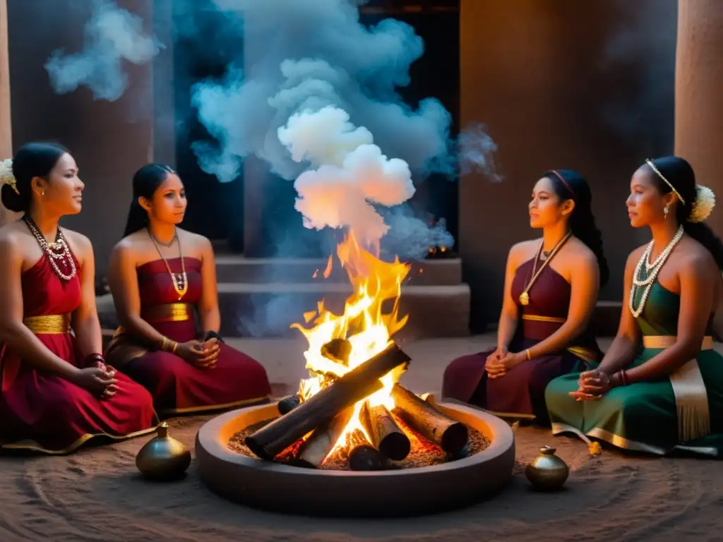 Grupo de mujeres realizando rituales de mujeres en culturas, con ofrendas y fuego sagrado en ceremonia tradicional