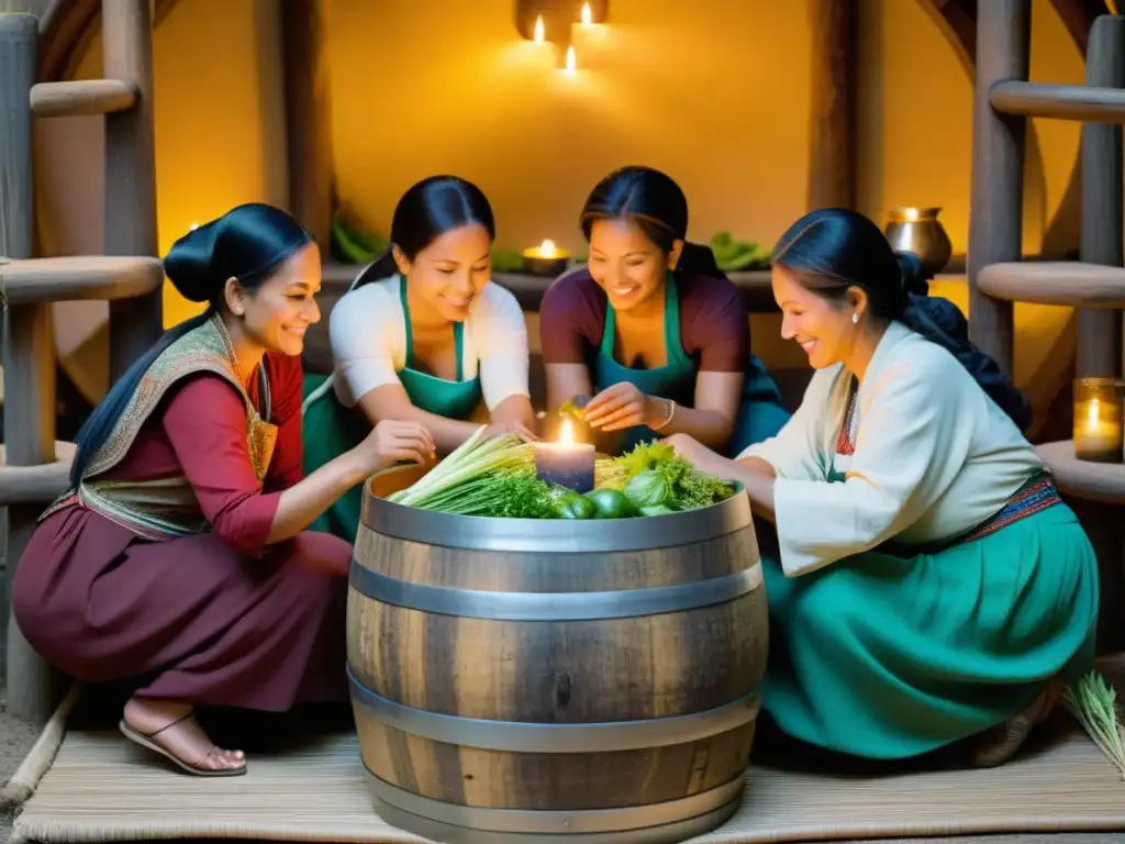 Un grupo de mujeres en ropa tradicional preparan probióticos en un antiguo ritual de limpieza, evocando beneficios probióticos en rituales de limpieza