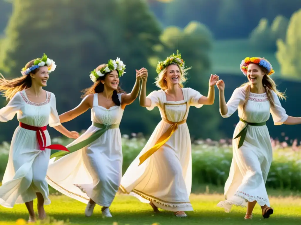 Grupo de mujeres suecas danzando alrededor del poste de mayo en un prado soleado, con cintas de colores flotando en el aire y exuberante vegetación