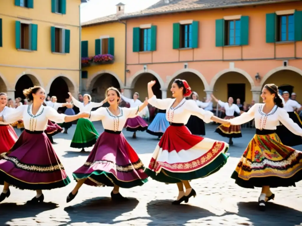 Un grupo de mujeres en trajes tradicionales italianos bailando la tarantella en círculo, con faldas vibrantes girando al compás de la música