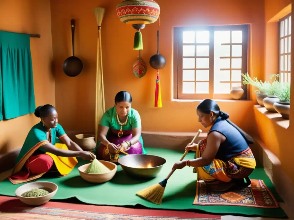 Un grupo de mujeres en trajes tradicionales realiza un ritual de limpieza con herramientas naturales en una habitación decorada