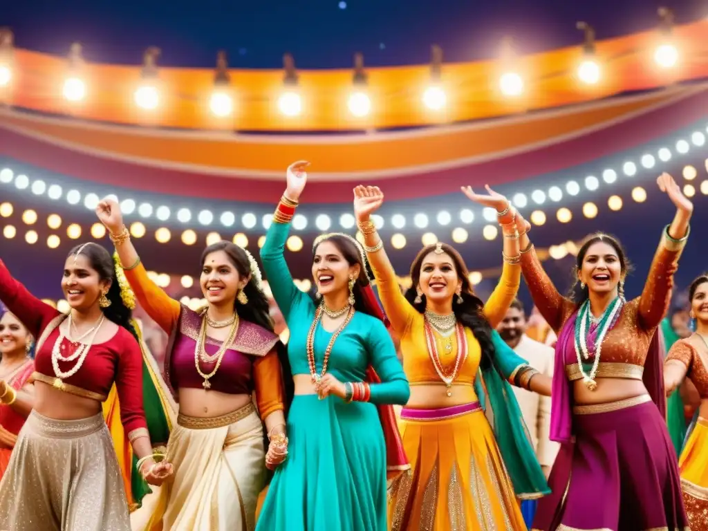 Grupo de mujeres con trajes tradicionales hindúes bailando con gracia en el Festival Navratri, con devoción y alegría