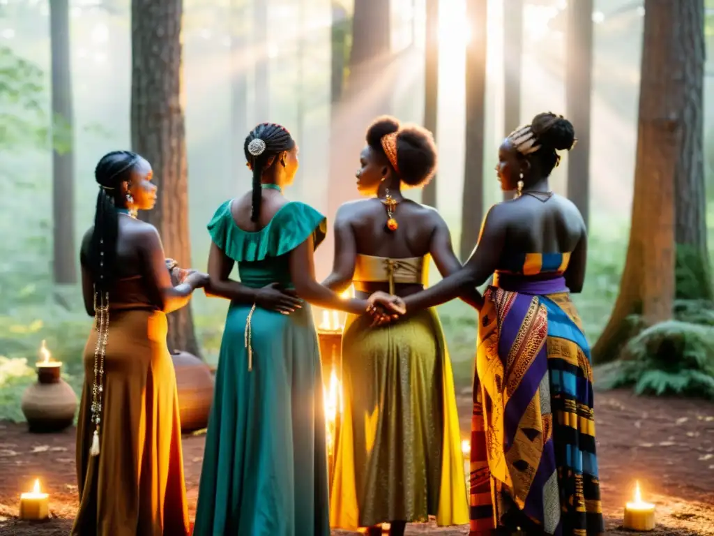 Un grupo de mujeres vestidas con coloridos trajes tradicionales africanos, realizando un ritual wiccano en un claro soleado del bosque