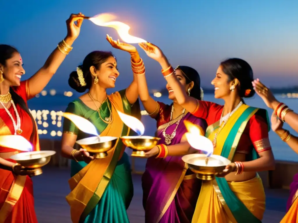 Grupo de mujeres vestidas con trajes tradicionales indios, danzando alrededor de una lámpara encendida durante la celebración nocturna de Navaratri, capturando la devoción y alegría de este sagrado festival