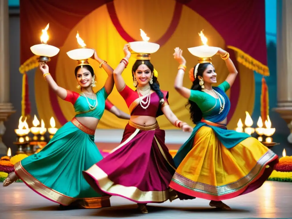 Un grupo de mujeres bailando en vibrantes trajes tradicionales durante la festividad de Navaratri