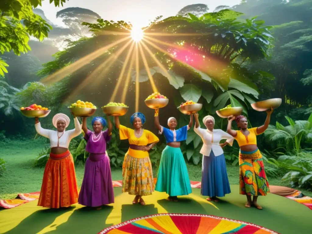 Grupo de mujeres Yoruba practicando rituales de fertilidad en el bosque exuberante