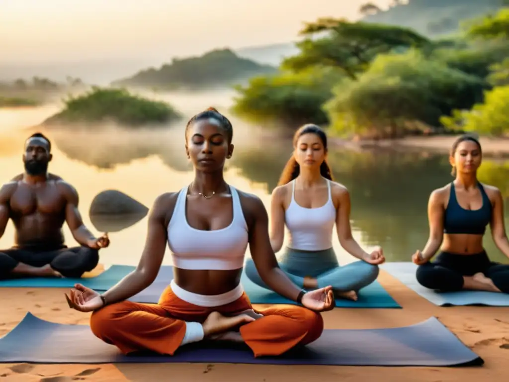 Un grupo multicultural realiza poses de yoga en la naturaleza, representando la unión y diversidad en rituales de sanación profunda