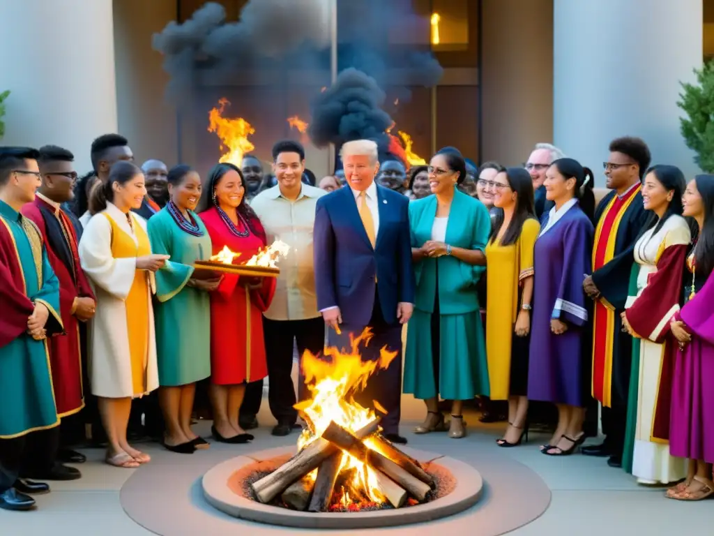 Grupo multicultural participando en rituales de inauguración año académico alrededor de una fogata, creando una atmósfera de unidad y celebración cultural