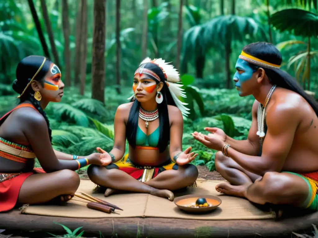 Grupo multiétnico realiza rituales de cortejo en antropología en el bosque, con pinturas corporales y vestimenta colorida