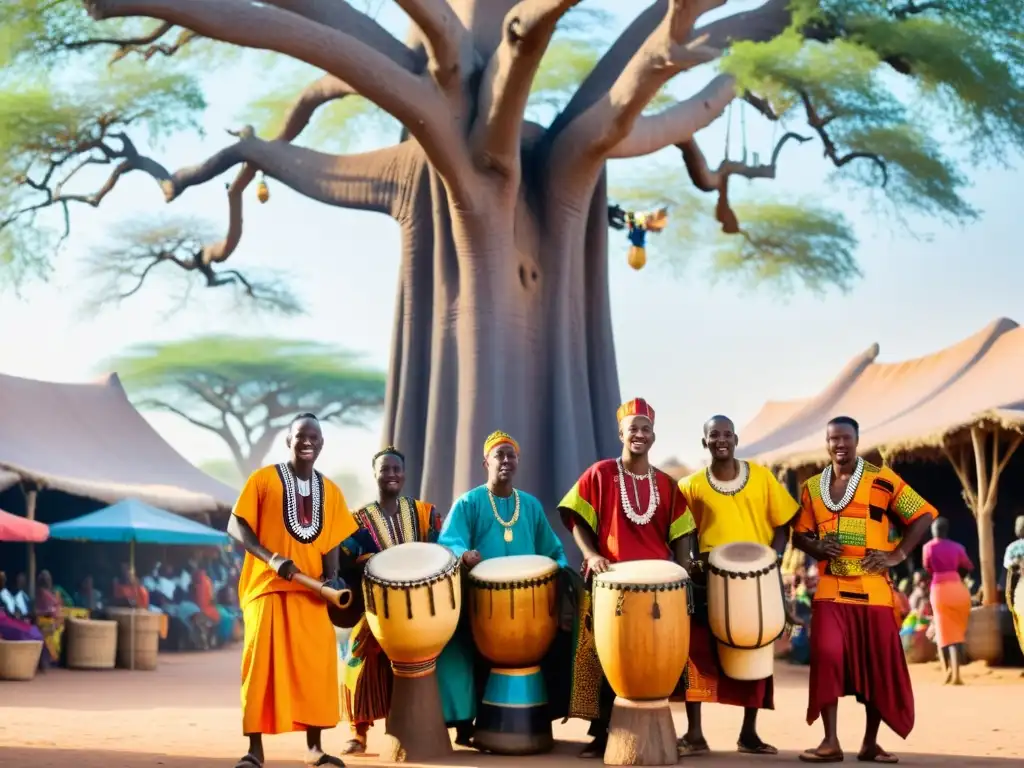 Grupo de músicos africanos tocando bajo un baobab en mercado animado