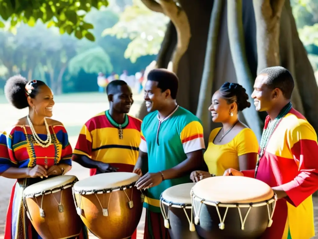 Grupo de músicos afrocolombianos tocando rituales afrocolombianos música vibrante bajo árbol frondoso, rodeados de espectadores bailando y aplaudiendo