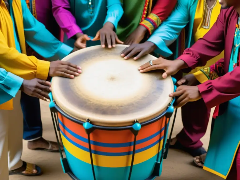 Un grupo de músicos afrocolombianos crean música vibrante en rituales afrocolombianos, tocando un tambor adornado con diseños coloridos