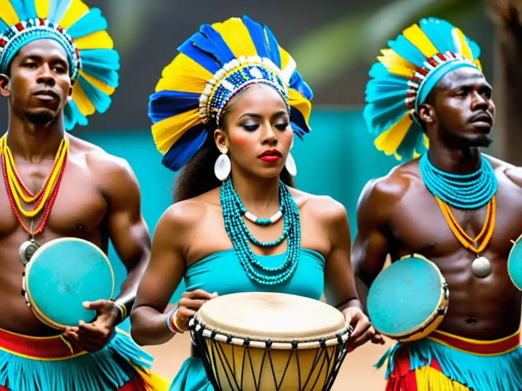 Grupo de músicos y bailarines afrocolombianos realizando rituales