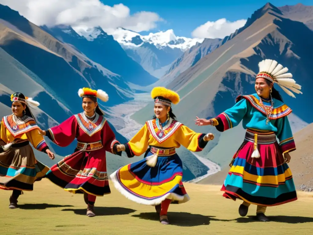 Grupo de músicos y bailarines andinos en trajes tradicionales Incas, realizando un ritual solar sagrado corazón Andes en el festival Inti Raymi