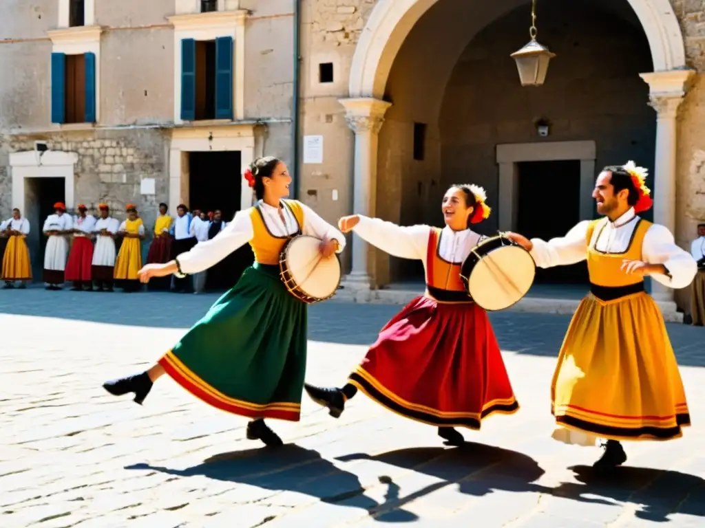 Un grupo de músicos y bailarines realizando el ritual de la danza tarantasio italiano en una plaza bañada por el sol del sur de Italia