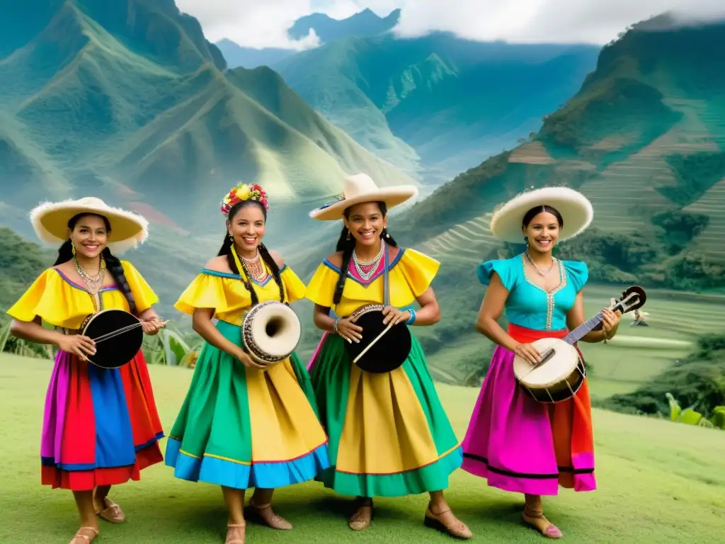 Grupo de músicos y bailarines tradicionales colombianos en vibrantes trajes, celebrando la tradición musical y baile en Colombia