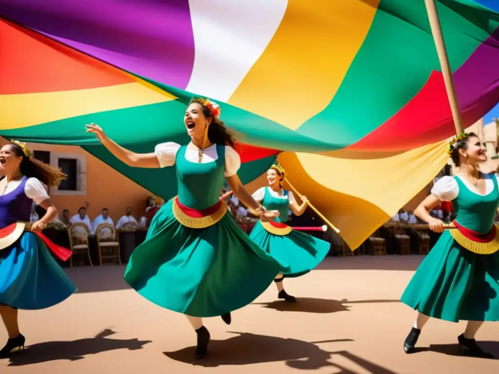 Grupo de músicos y bailarines en un vibrante ritual de danzas tarantasio italiano