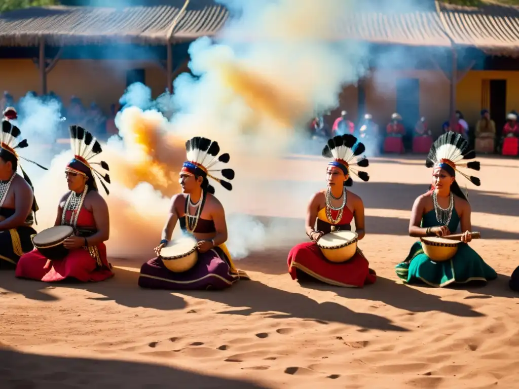 Grupo de músicos indígenas tocando instrumentos tradicionales en un ritual ceremonial al atardecer, resaltando la importancia de la música en rituales