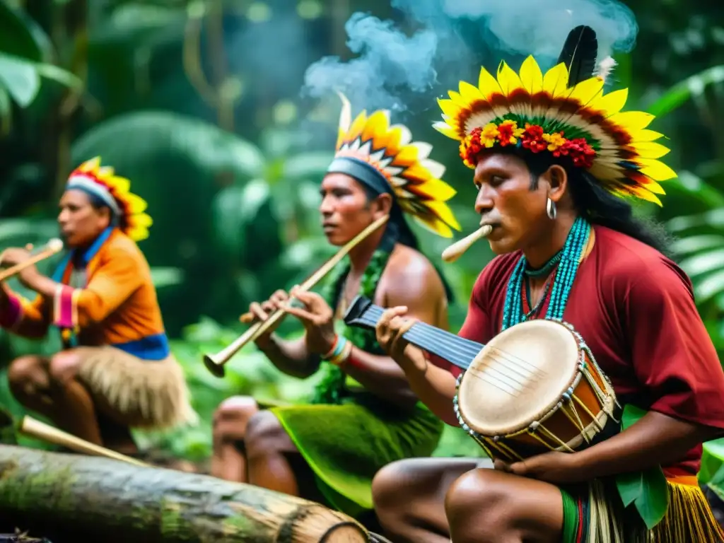 Grupo de músicos indígenas tocando instrumentos tradicionales en ritual en la selva amazónica