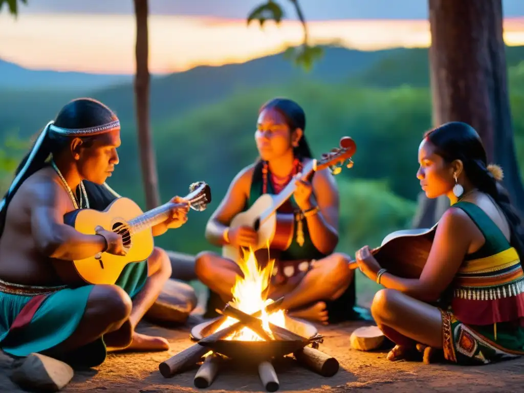 Grupo de músicos indígenas tocando instrumentos tradicionales alrededor de una fogata, en una sesión de musicoterapia en rituales ancestrales