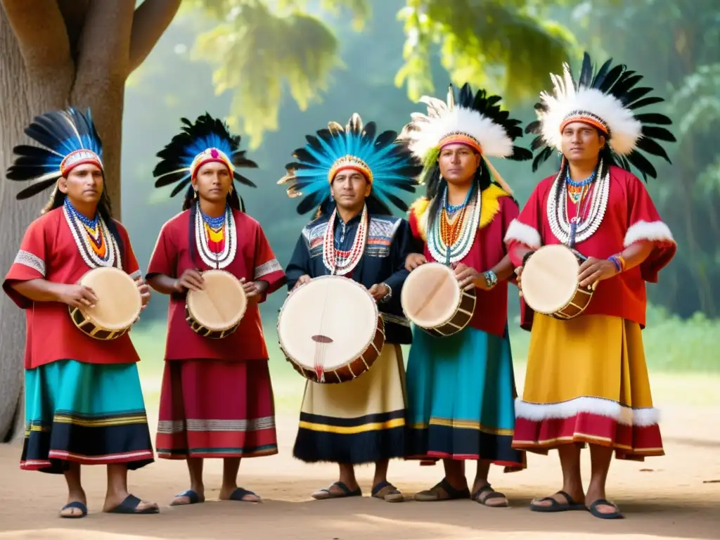 Grupo de músicos indígenas tocando instrumentos musicales en rituales sagrados, evocando tradición, misticismo y reverencia