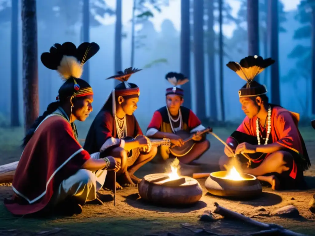 Grupo de músicos indígenas en ritual sagrado, tocando instrumentos ceremoniales en bosque misterioso al amanecer