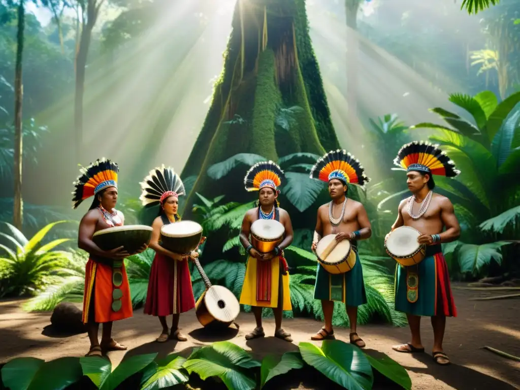 Grupo de músicos indígenas en ritual musical en la selva, expresando una tradición en peligro de extinción