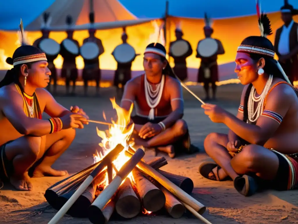 Grupo de músicos indígenas realiza rituales musicales en peligro extinción alrededor de fogata en paisaje exuberante