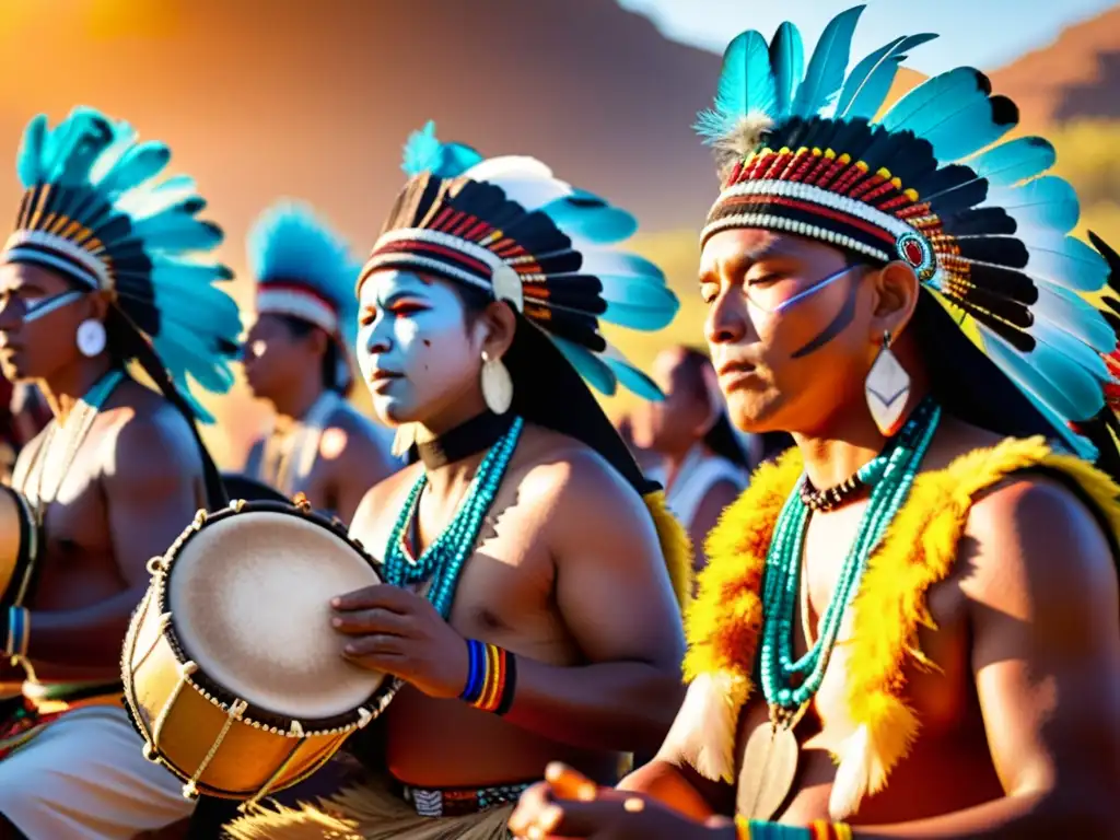 Un grupo de músicos indígenas toca instrumentos tradicionales durante un ritual sagrado al atardecer, llenando el aire con música