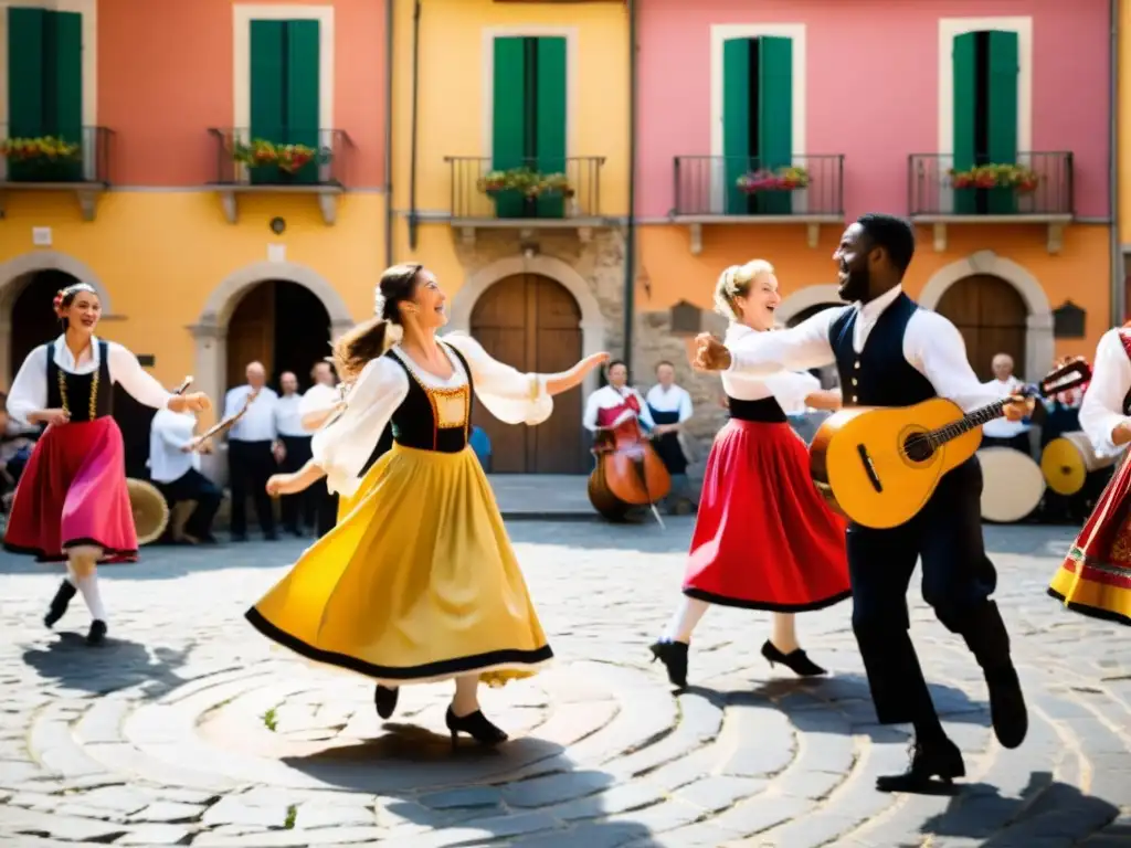 Un grupo de músicos tocan instrumentos tradicionales italianos mientras bailarines realizan la tarantela en una animada plaza de un pueblo italiano