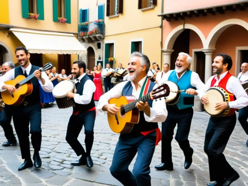 Grupo de músicos italianos tocando instrumentos tradicionales en una plaza de piedra, mientras la gente baila la tarantella