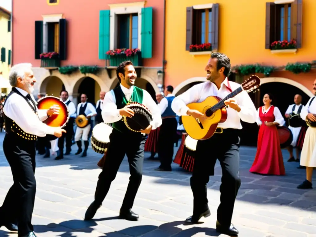 Grupo de músicos italianos en la plaza, tocando instrumentos tradicionales mientras la gente baila la Tarantella