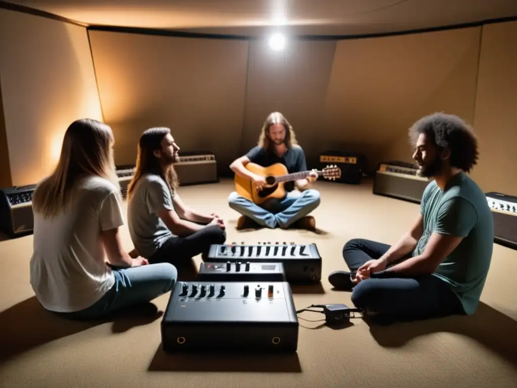 Grupo de músicos jóvenes en ritual de iniciación en rock, rodeados de amplificadores y equipo musical en una sala tenue