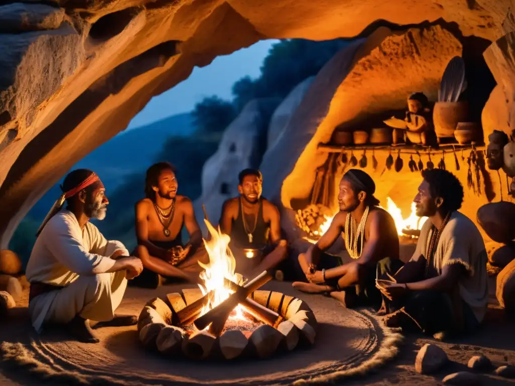 Grupo de músicos prehistóricos junto al fuego, tocando instrumentos primitivos en un ritual ancestral