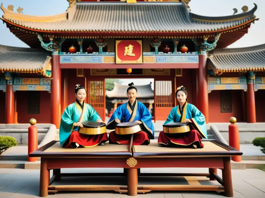 Un grupo de músicos taoístas vistiendo coloridos ropajes tradicionales, tocando instrumentos antiguos en un majestuoso templo taoísta