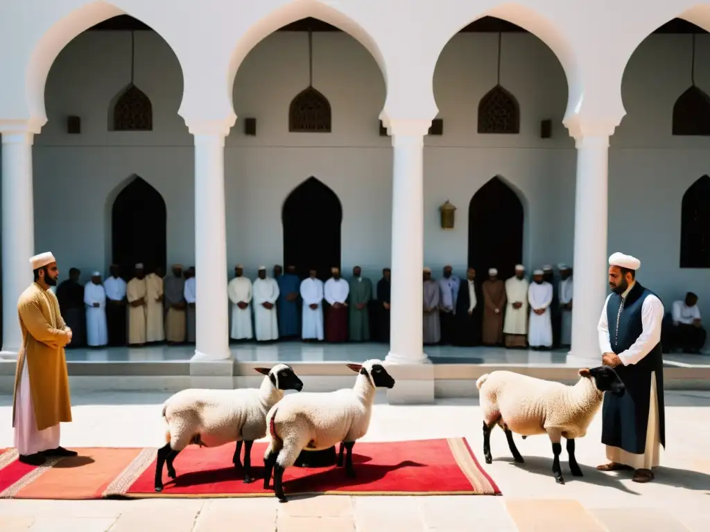 Grupo musulmán celebra el Sacrificio de Ismael en el Islam en una mezquita, con colores vibrantes y una atmósfera de devoción