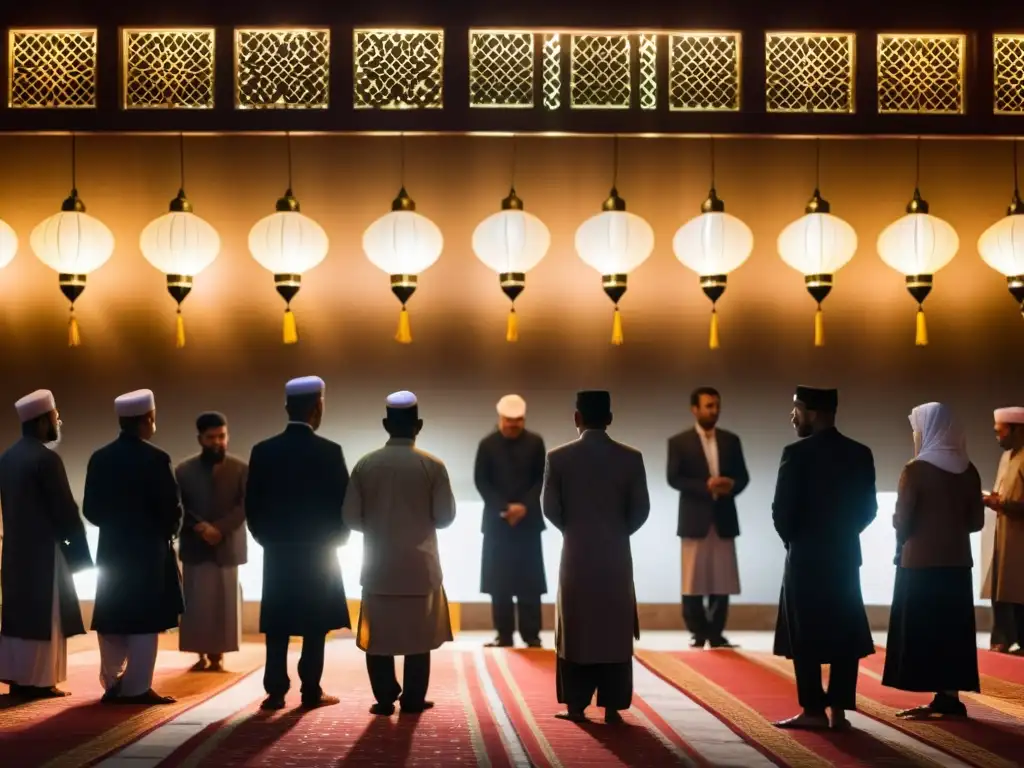 Grupo de musulmanes en mezquita iluminada durante la Noche Bara'at, reflejando su significado y prácticas religiosas